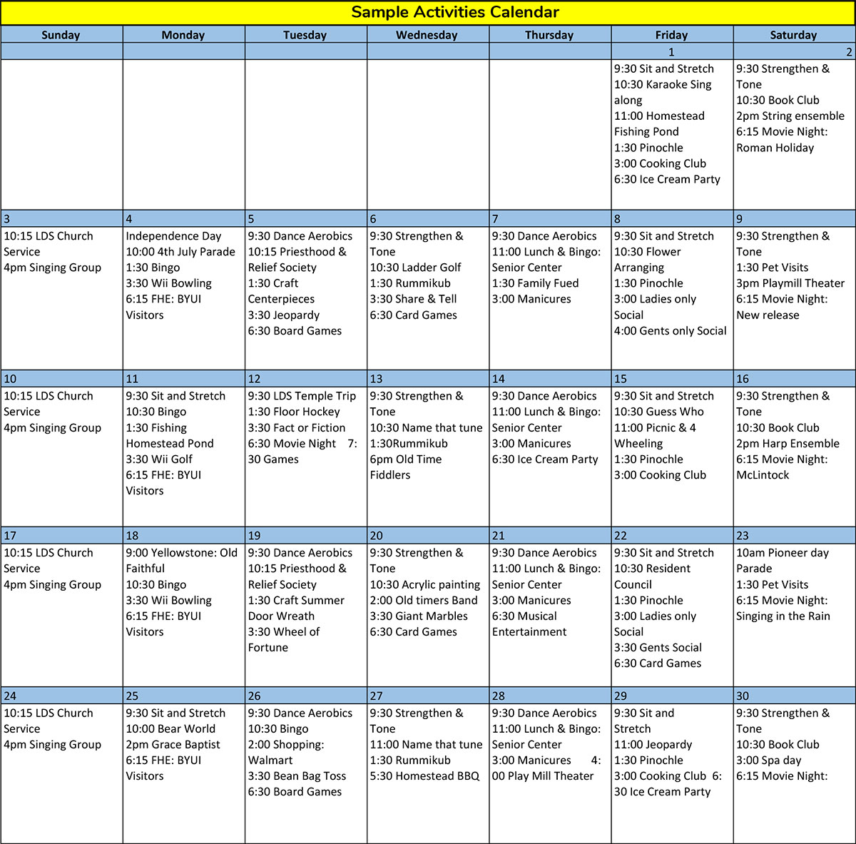 Example Activity Calendar